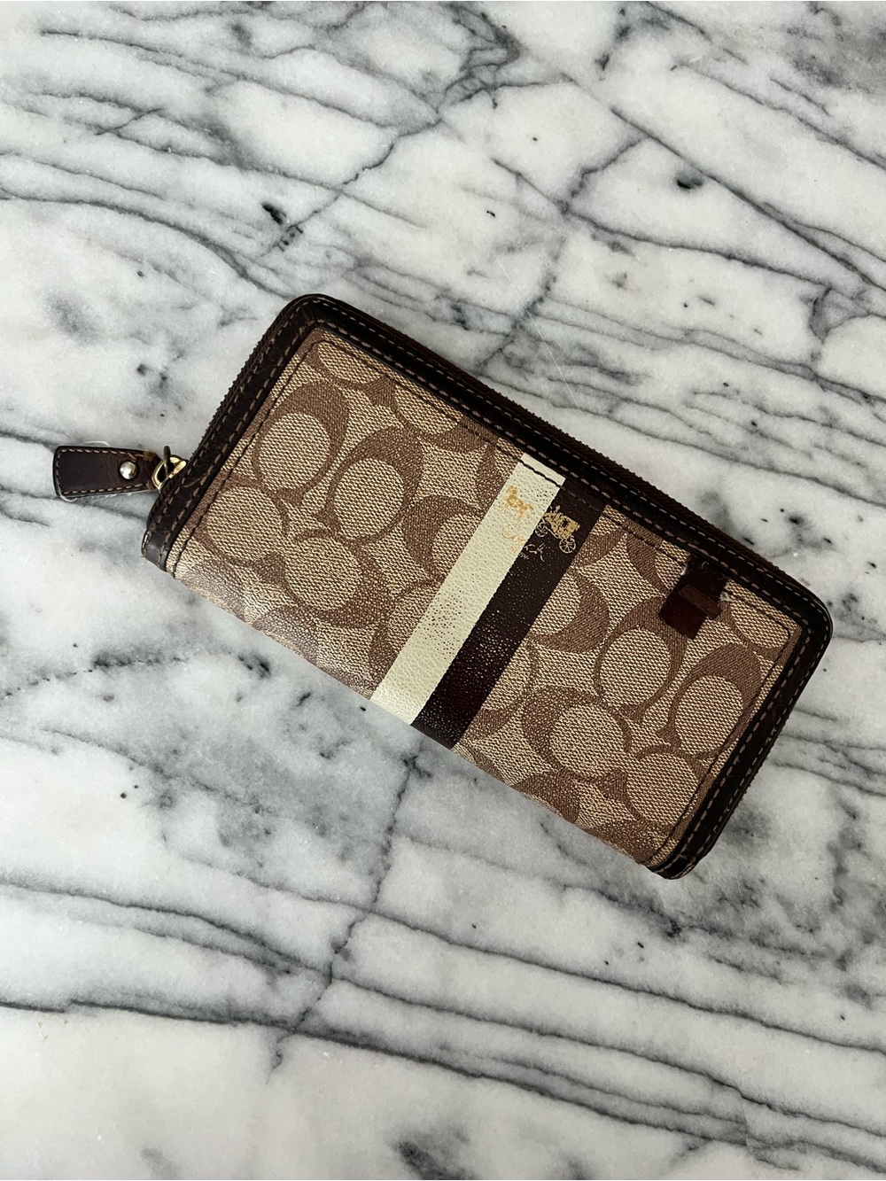 Coach Heritage Signature Stripe PVC Zip Around Accordion Wallet Brown Beige